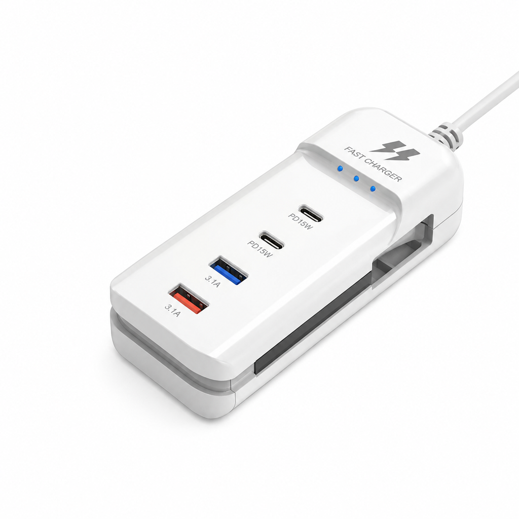 5-in-1 Multi-Functional Rack Charger 66W – Desktop Fast Charging Station with 2PD, 2USB Ports & Built-in Type-C Cable