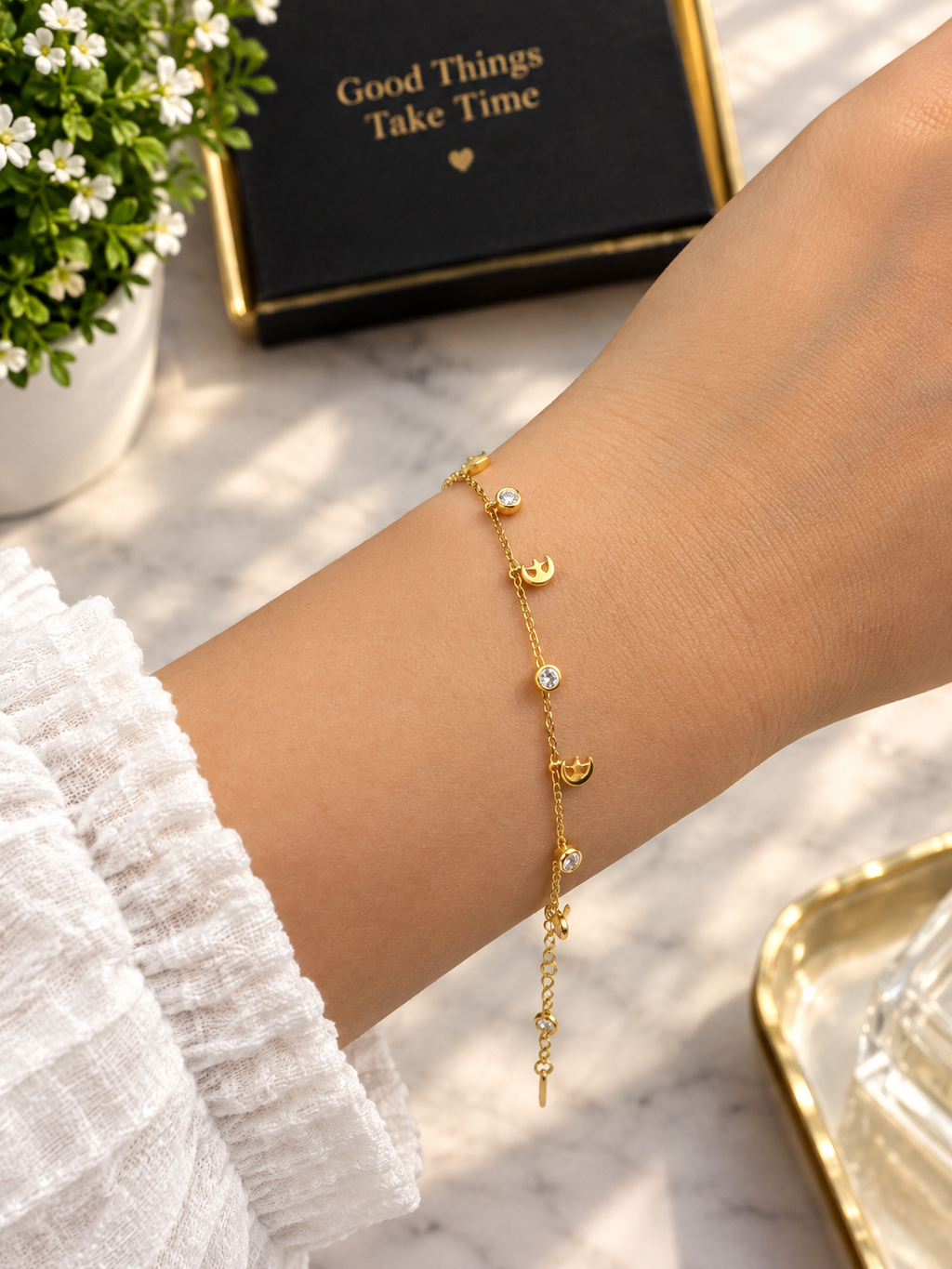 Anti-tarnish Golden Crescent Moon, Star, and Crystal Charm Bracelet