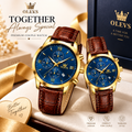 OLEVS Premium Luxury Leather Strap Couple Watch Set – Golden Case, Deep Blue Roman Numeral Dial, Chronograph, Date Display & Crocodile Texture Brown Leather Band (Perfect Anniversary & Wedding Gift)