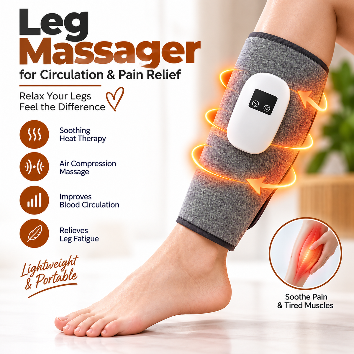 Cordless Leg Massager for Circulation and Pain Relief – Calf Air Compression Massager with Heat Therapy, Rechargeable Wireless Leg Wrap for Muscle Fatigue