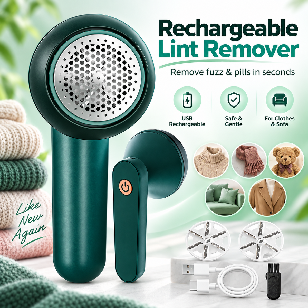 Rechargeable Fabric Shaver & Lint Remover – Electric Fuzz Trimmer with Safe Mesh Cover, USB Charging & Multi-Purpose Clothes Bobble Remover