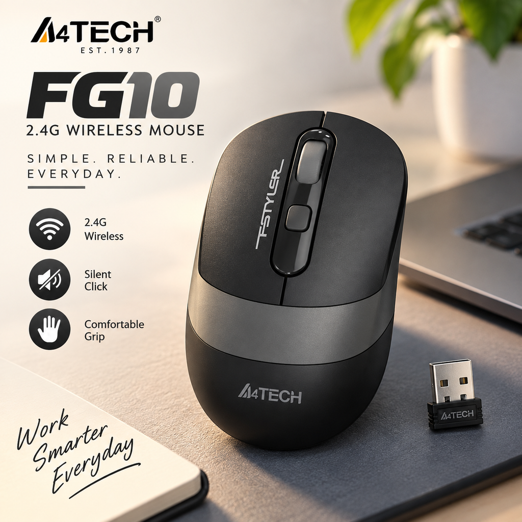 A4Tech FG10 2.4GHz Wireless Optical Mouse – Silent Click, Ergonomic Symmetric Design, 10-15M Range, Nano USB Receiver & Long Battery Life