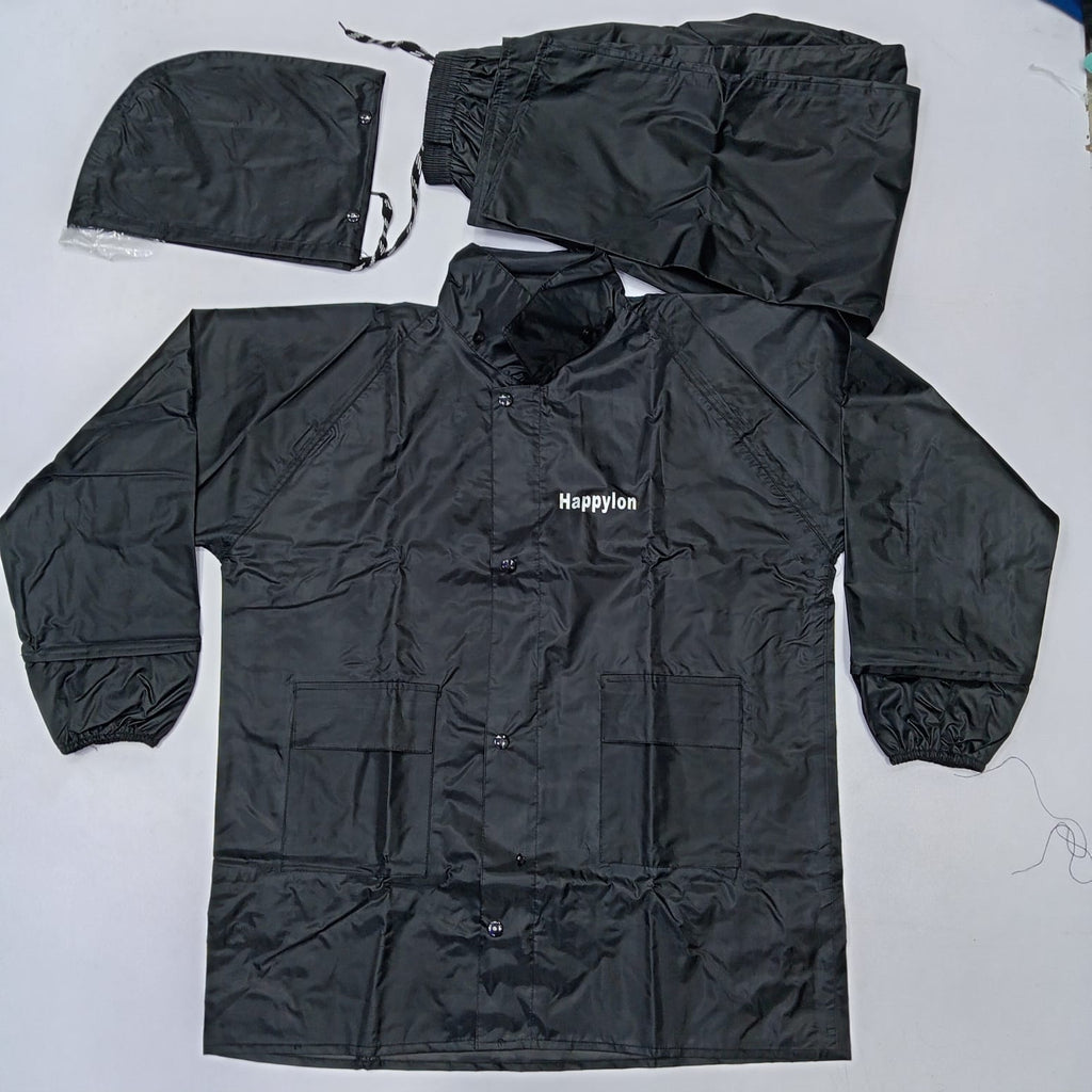 100% Water proof High quality Rain Coat With Pant. (Happylon) Black