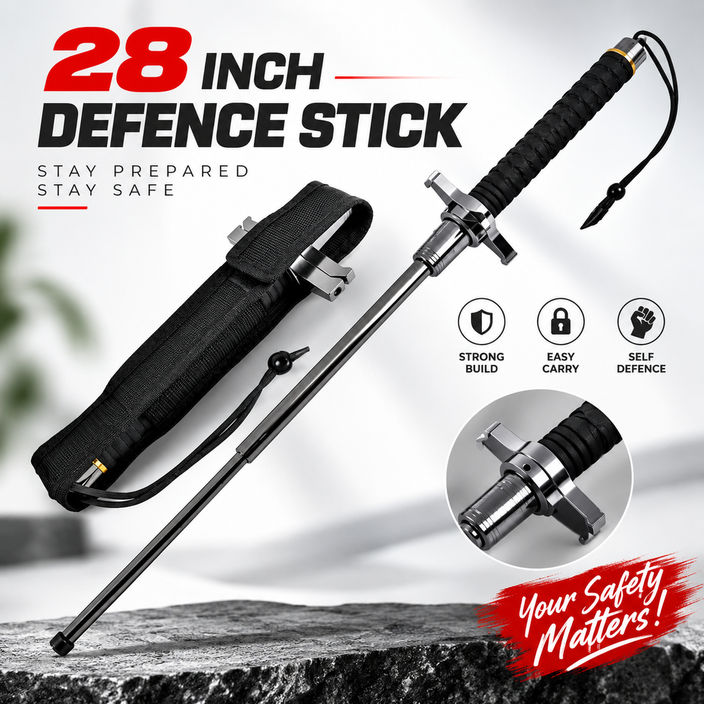 28 Inch Expandable Defence Stick – Heavy Duty Hardened Steel Tactical Baton with Glass Breaker Tip & Anti-Slip Rubber Grip for Personal Safety