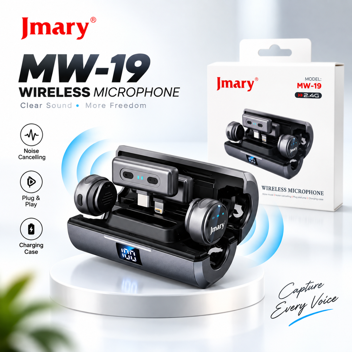 Jmary MW-19 Dual Wireless Lavalier Microphone – 2.4GHz Clip-On Mic with Smart Charging Case, Digital Display, Noise Cancellation & Mute Mode for Vlogging & Interviews