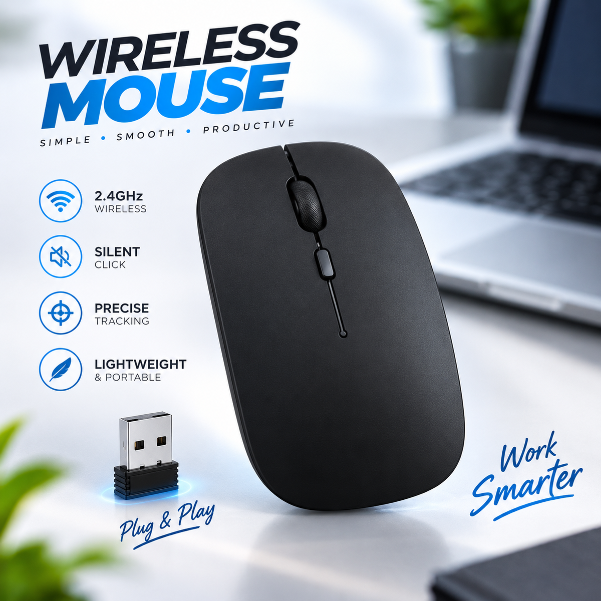 Wireless Silent Optical Mouse – 2.4GHz Wireless with Nano Receiver, 3-Level Adjustable 800/1200/1600 DPI, Ergonomic Ambidextrous Design & Long Battery Life