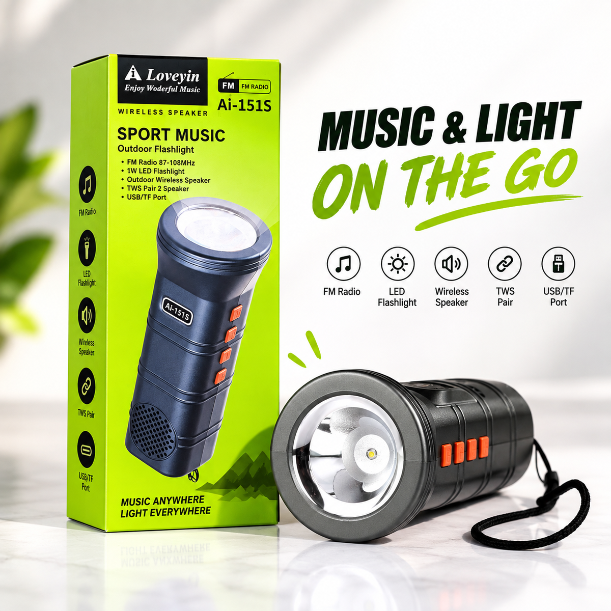 Ai-151s Portable Outdoor Wireless Speaker & 1W LED Flashlight – Bluetooth Speaker with FM Radio, USB/TF Port, 2-5H Playtime & Lightweight Design