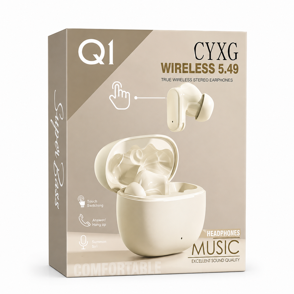 CYXG Q1 True Wireless Stereo Earbuds – TWS with Super Deep Bass, ENC Noise Cancelling Mic, Smart Touch Control & Lightweight Comfort Fit