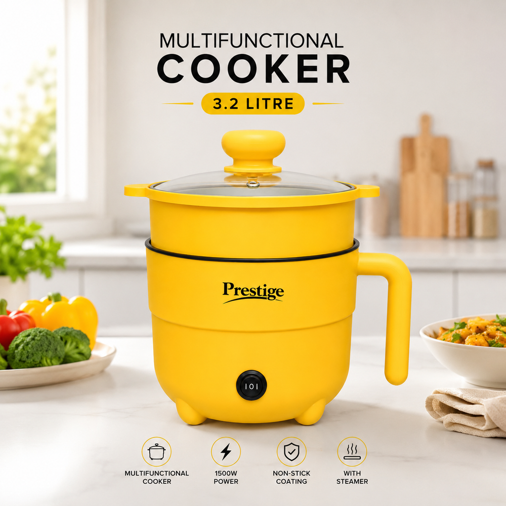 Prestige 2.2L Multifunctional Electric Cooker – 1500W Energy-Saving Non-Stick Multi Cooker with Steamer Tray for Fry, Curry, Noodles & Steaming