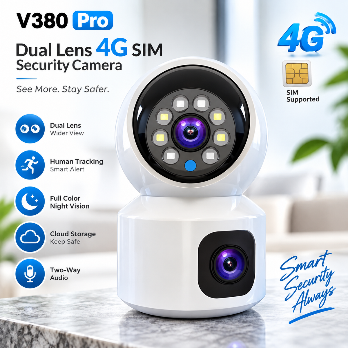 V380 Pro Dual Lens 4G SIM Supported Security Camera – Wireless PTZ Outdoor Camera with Full Color Night Vision, Human Tracking & Cloud Storage