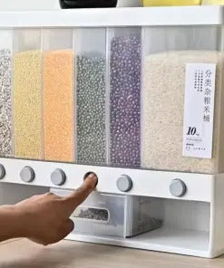 6-in-1 Wall Mounted Grain & Rice Dispenser – 10kg Multi-Grid Airtight Food Storage Container with Press Button for Kitchen Organization