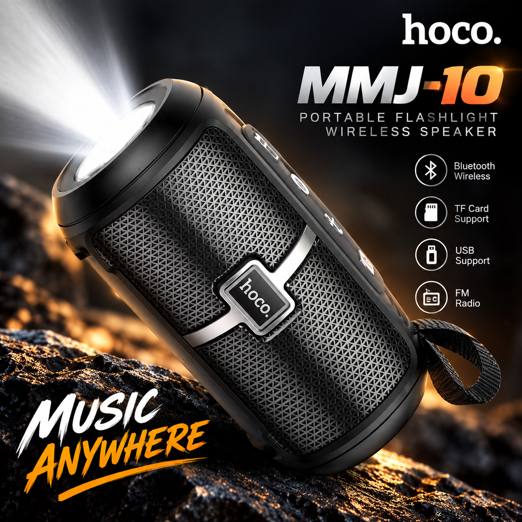 Hoco MMJ10 Portable Flashlight Wireless Bluetooth Speaker – Built-in LED Torch, 1200mAh Battery, TF, USB & FM Radio Support