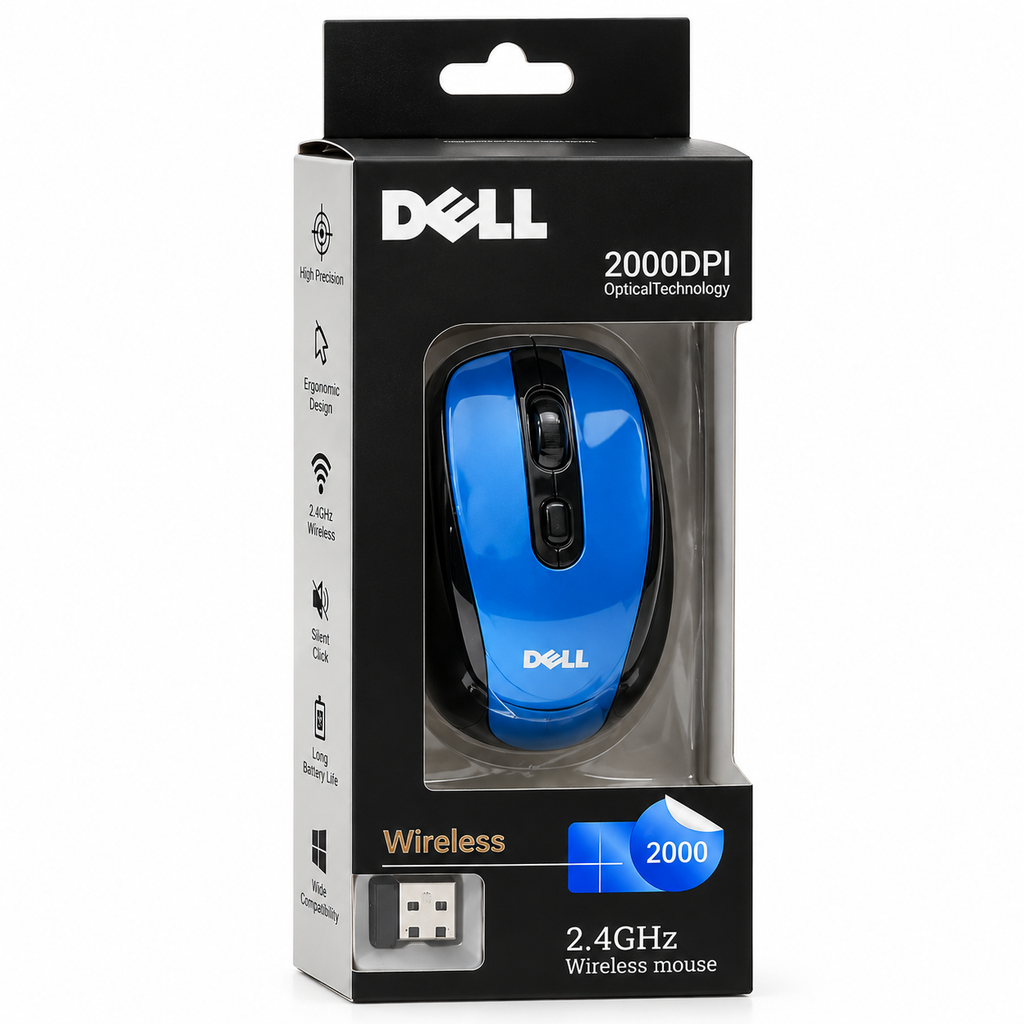DELL Wireless Optical Mouse (2.4GHz, 2000 DPI) – Adjustable Cursor Speed, Ergonomic Comfort Grip, USB Nano Receiver, Power Switch & Wide System Compatibility