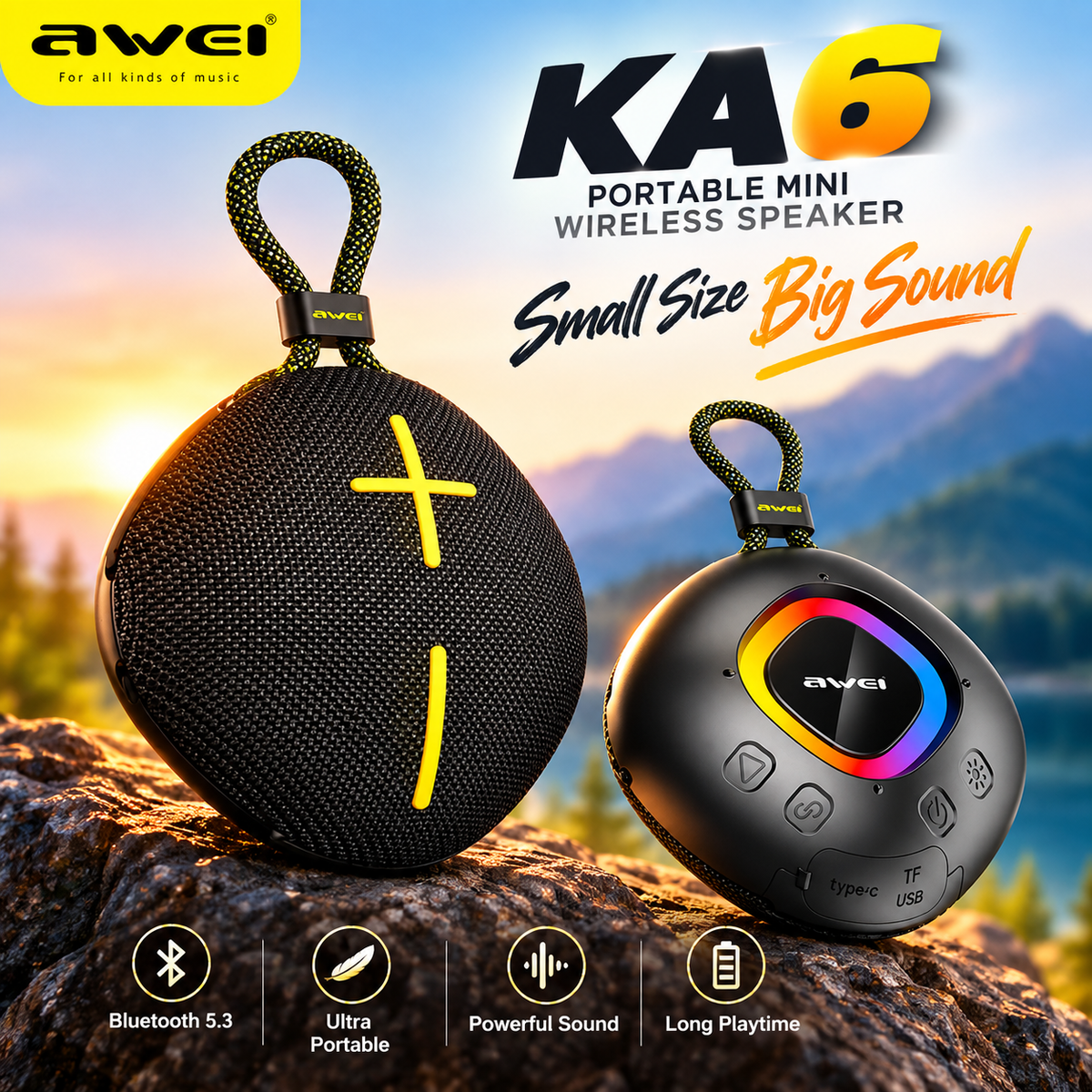 Awei KA6 Mini Portable Wireless Bluetooth Speaker – 8W Powerful Sound, Bluetooth 5.3, IPX6 Waterproof, RGB Ambient Lights, TWS & 1200mAh Battery