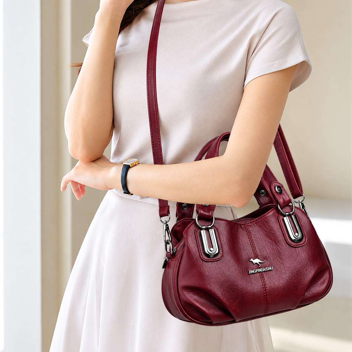 Premium Multi-Compartment Designer Handbag - Maroon