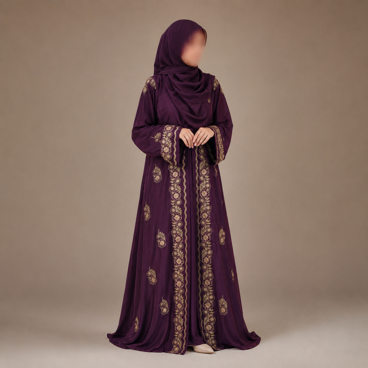 Premium Zafran Felix Luxury Abaya with Embroidery & Stone Work | Matching Hijab & Adjustable Inner | Modest Fashion Plum