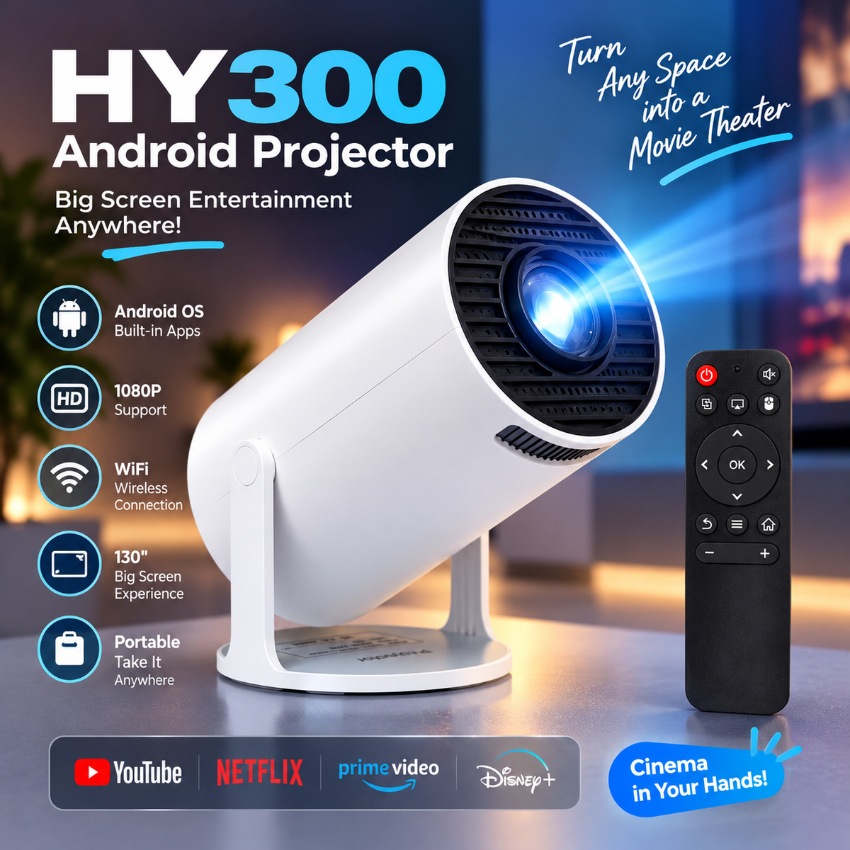 HY300 Android Smart Mini Projector – 720P Portable WiFi & Bluetooth Projector with 180° Rotation, Auto Keystone Correction, 130" Screen & Built-in Apps