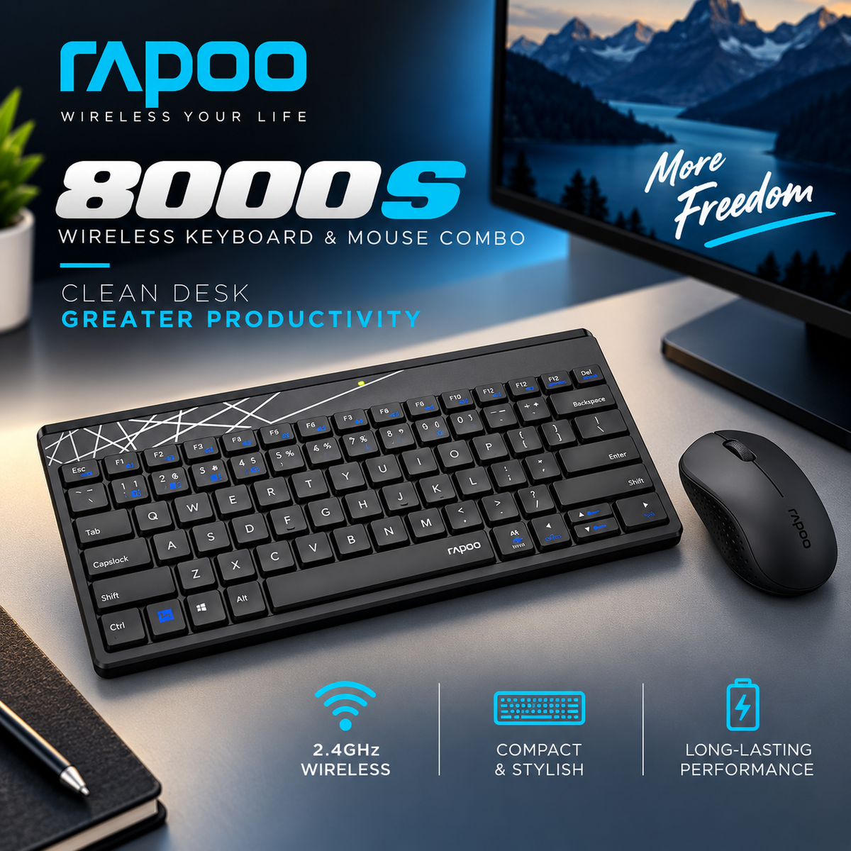 Rapoo 8000S Wireless Keyboard and Mouse Combo (Black) – 2.4GHz Stable Wireless, Spill-Resistant Design, 1000 DPI Optical Mouse, Long Battery Life & 2-Year Warranty