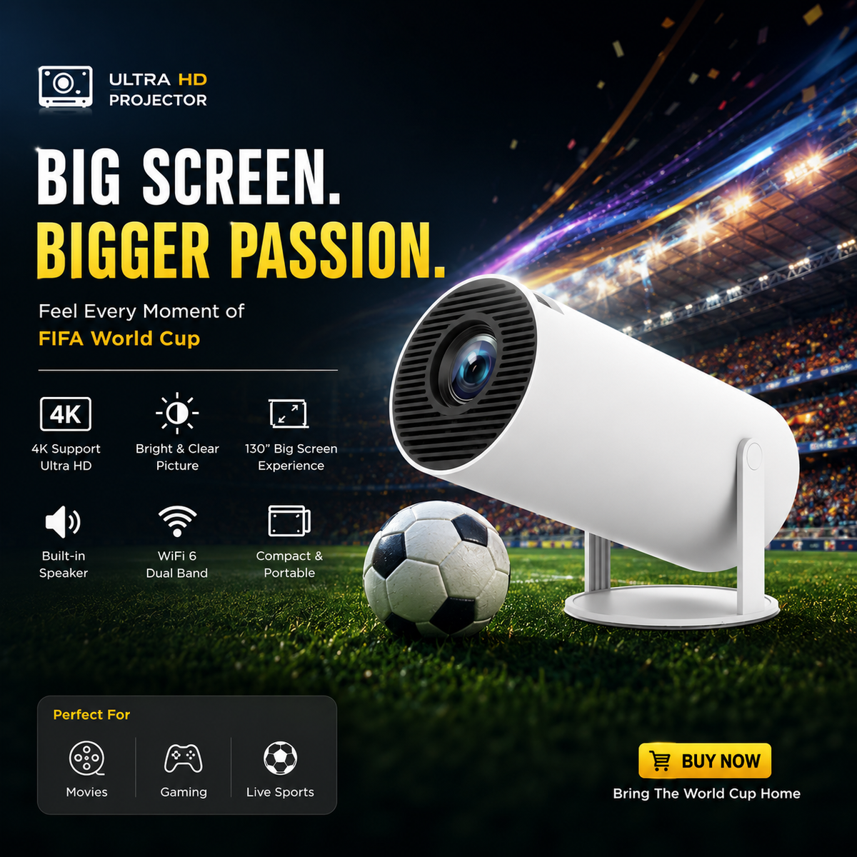 HY300 Android Smart Mini Projector – 720P Portable WiFi & Bluetooth Projector with 180° Rotation, Auto Keystone Correction, 130" Screen & Built-in Apps