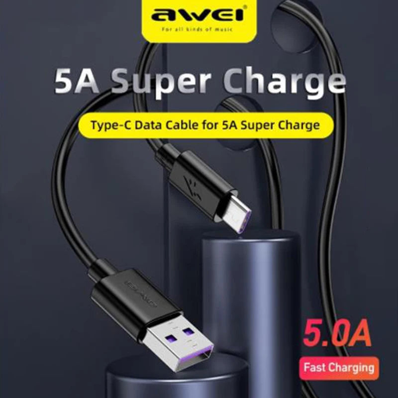 Awei CL-113T USB-A to Type-C 5A Fast Charging Cable – 30CM Short Portable Data & Power Cable with Huawei SuperCharge Support for Android Devices