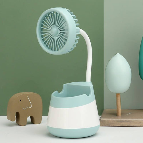 2-in-1 Rechargeable Mini Desktop Fan with Pen Holder Base – Cute Pastel Color Portable Study & Office Desk Cooling Fan with Storage Organizer