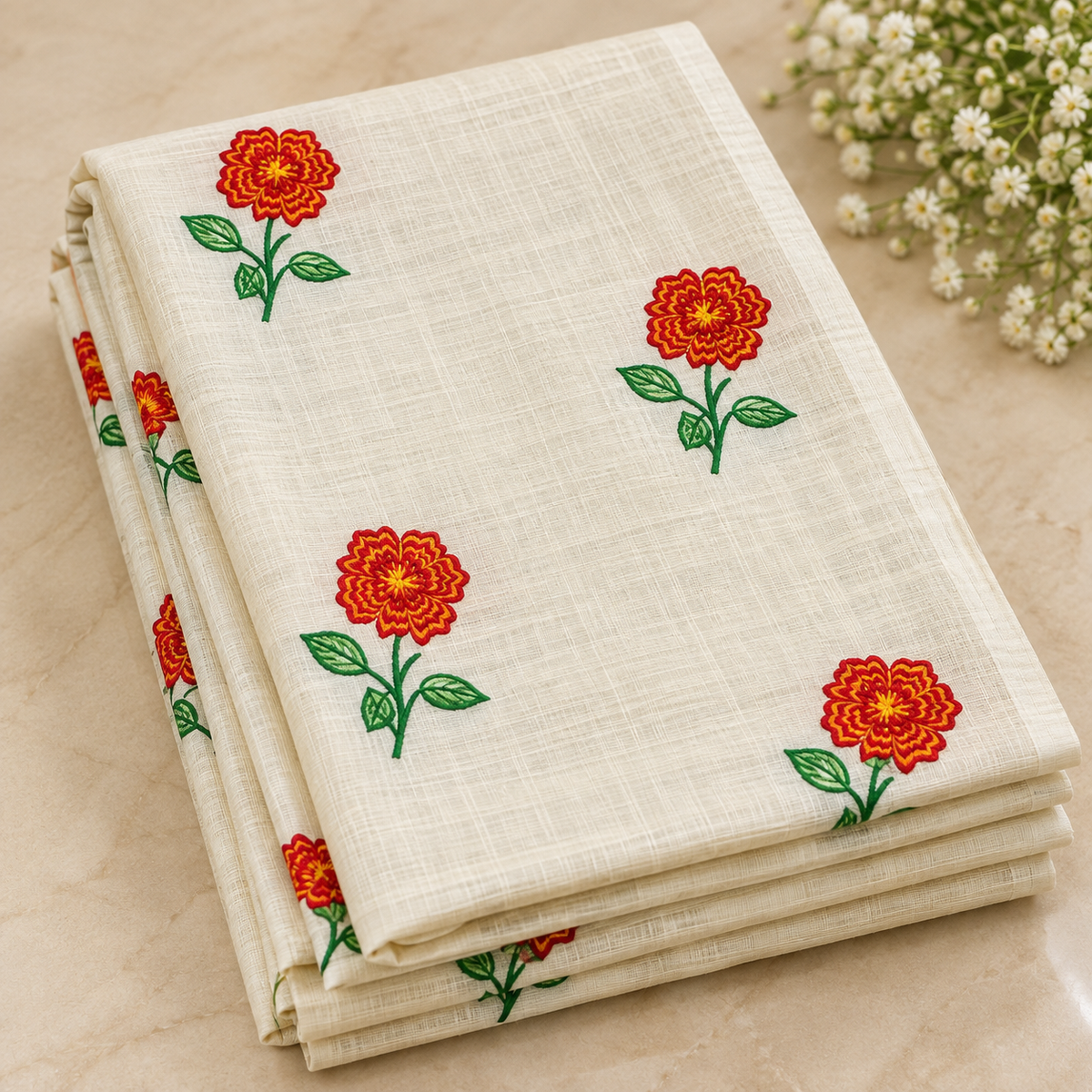 Exclusive off-white cotton saree with floral embroidery.