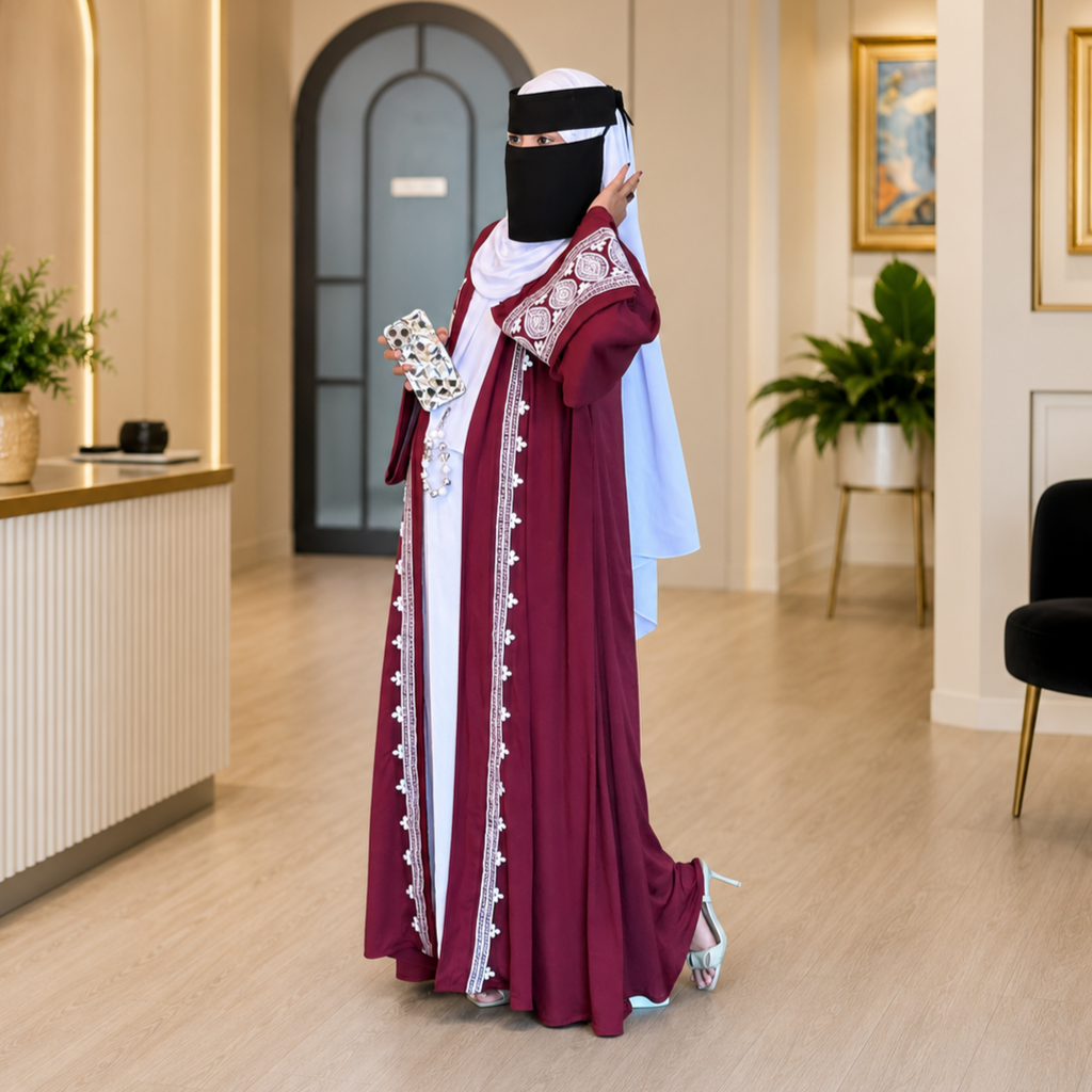 Exclusive Rose Arabian Borka 3-Piece Set - Original Dubai Fabric & Embroidery (Koti, Inner & Hijab)