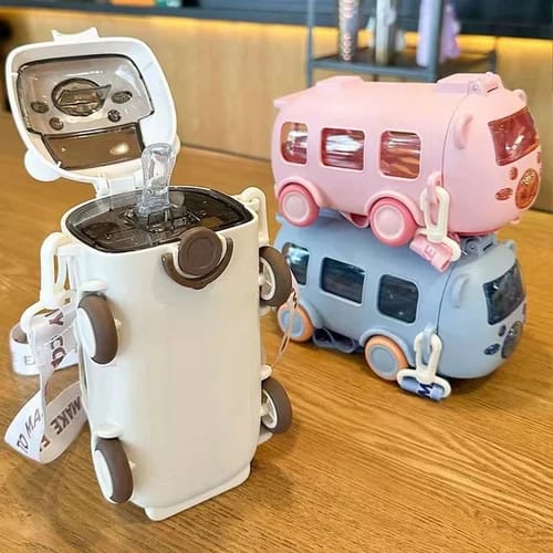 Cute Bear Bus Shape Water Bottle for Kids – 500ml Leak-Proof Plastic Drinking Cup with Straw & Shoulder Strap for School & Travel