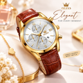 OLEVS Casual Ladies Automatic Mechanical Watch – Auto Wind Movement, Stainless Steel Round Case, Genuine Leather Strap, Chronograph, Date & Week Display, Hardlex Crystal Dial
