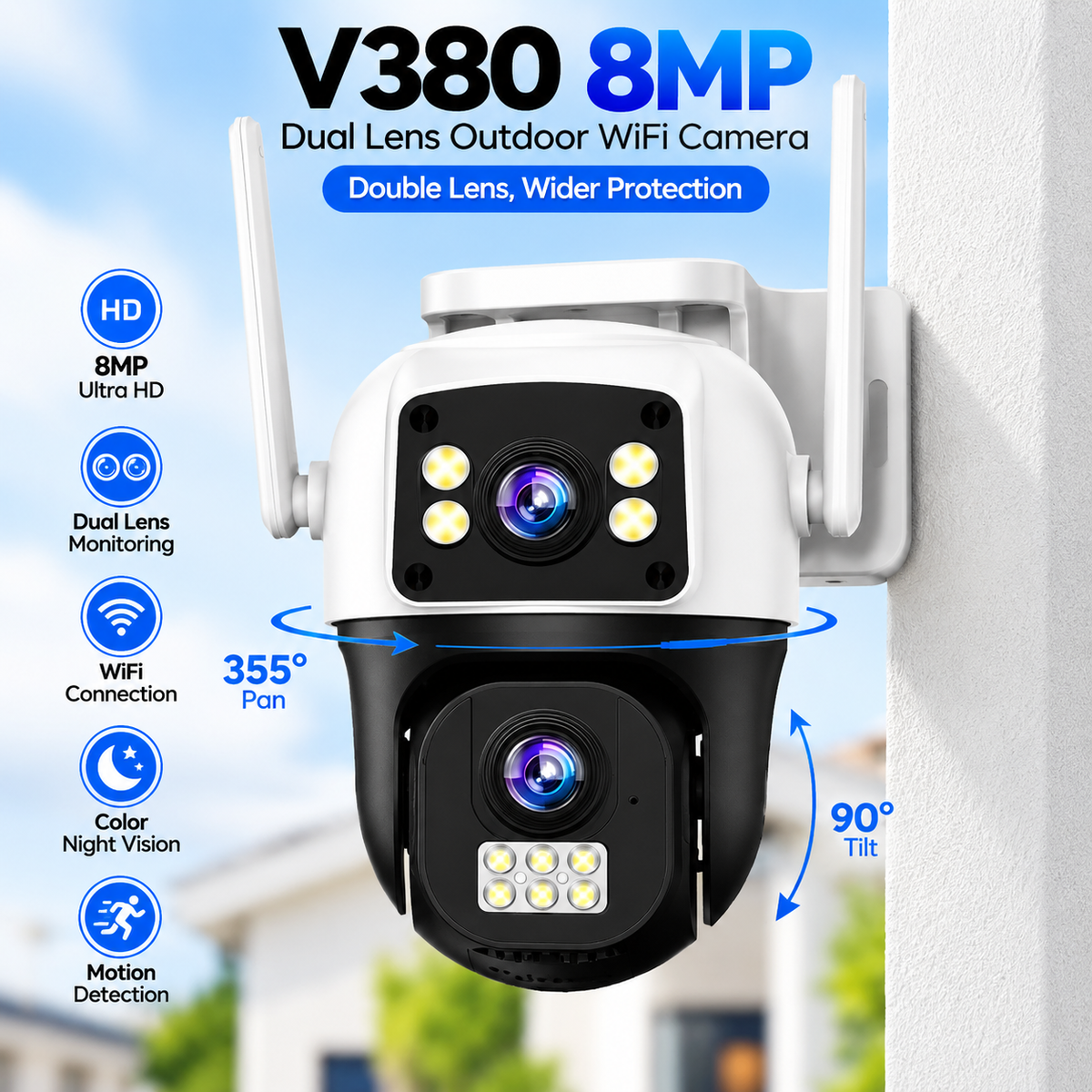 V380 Dual Lens 8MP Outdoor WiFi Security Camera – Bullet & PTZ Gun-Ball Linkage Camera with Human Motion Tracking, Night Vision, Two-Way Audio & IP66 Waterproof