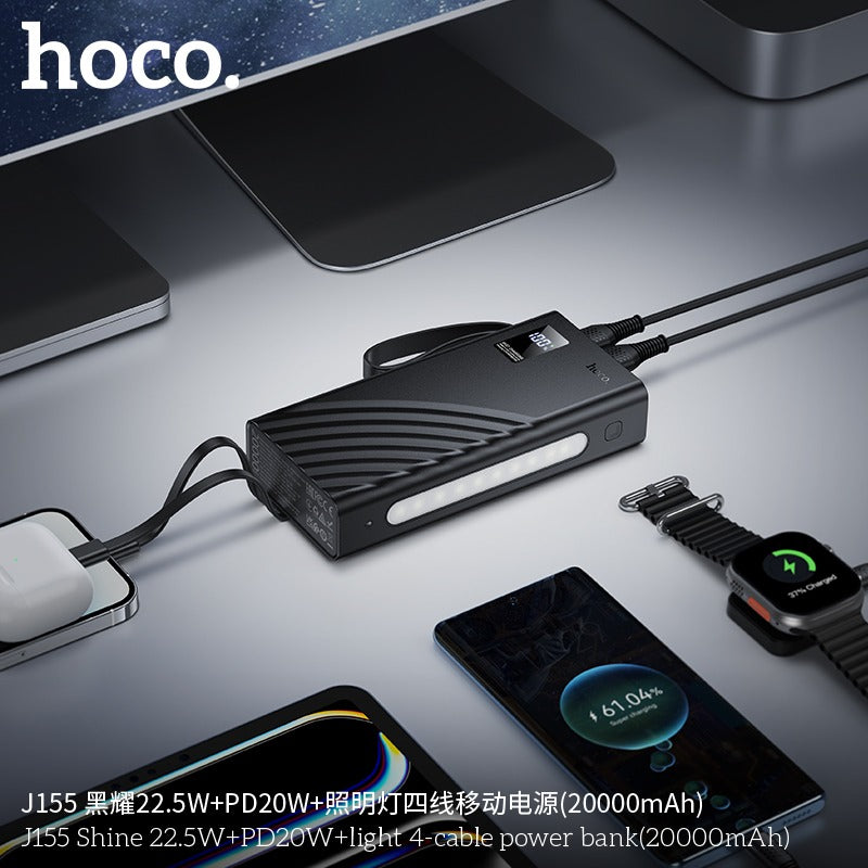 Hoco J155 Shine 20000mAh 22.5W & PD 20W Fast Charging Power Bank – 4 Built-in Cables (Type-C, Lightning, Micro, USB-A), 6 Outputs, Built-in LED Emergency Light & Digital Display