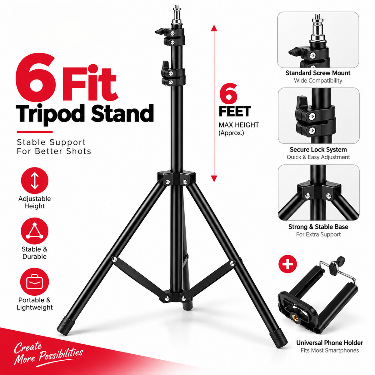 6 Ft Professional Aluminum Light Stand – Adjustable Studio Tripod with Screw Locking System, Quick Release Levers & 3.2kg Load Capacity for Photography & Vlogging