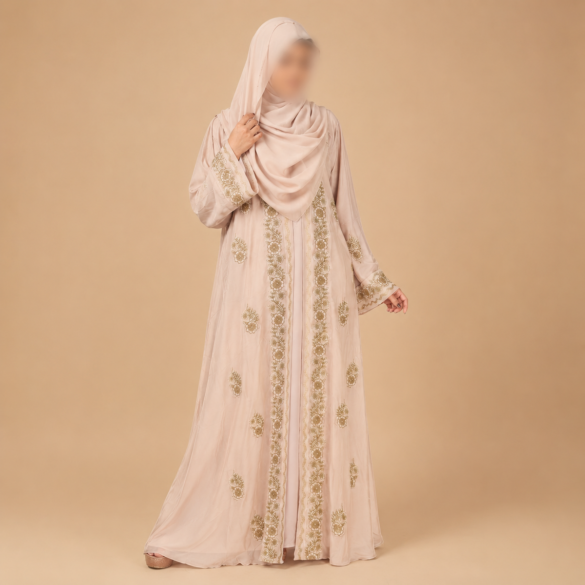 Premium Zafran Felix Luxury Abaya with Embroidery & Stone Work | Matching Hijab & Adjustable Inner | Modest Fashion Light Peach