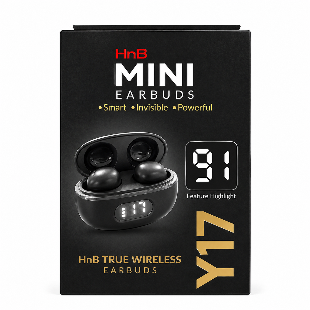 HnB Y17 Mini True Wireless Earbuds – Ultra-Compact In-Ear TWS with Matte Black Finish, Digital LED Battery Display & 20H Playtime