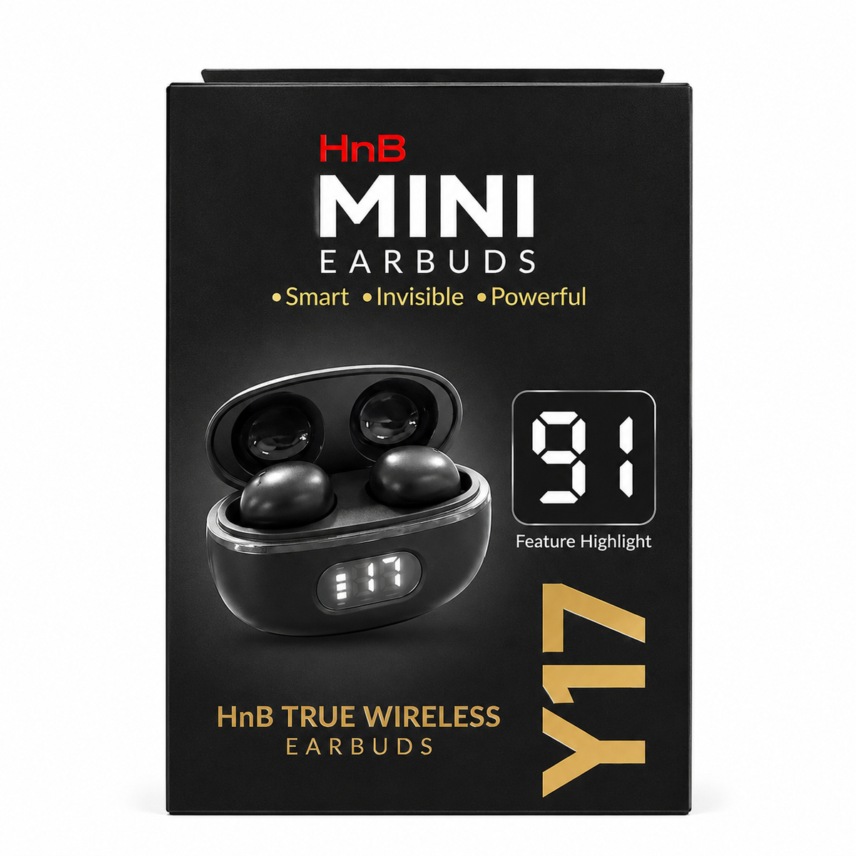 HnB Y17 Mini True Wireless Earbuds – Ultra-Compact In-Ear TWS with Matte Black Finish, Digital LED Battery Display & 20H Playtime