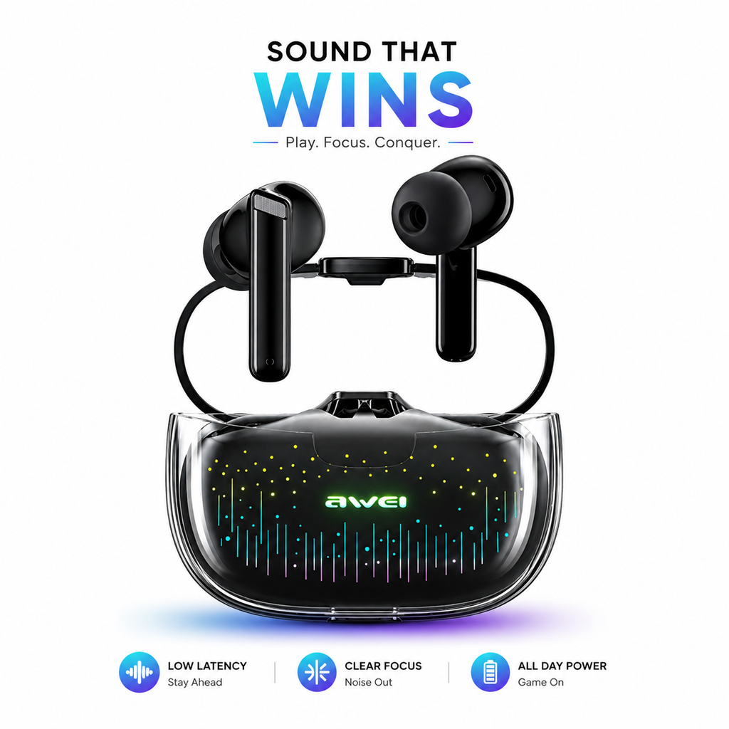 Awei T52 ANC True Wireless Earbuds – Bluetooth 5.3 TWS with -30dB Active Noise Cancellation, RGB Breathing Light, IPX6 Waterproof & 24H Battery