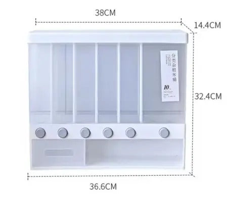 6-in-1 Wall Mounted Grain & Rice Dispenser – 10kg Multi-Grid Airtight Food Storage Container with Press Button for Kitchen Organization