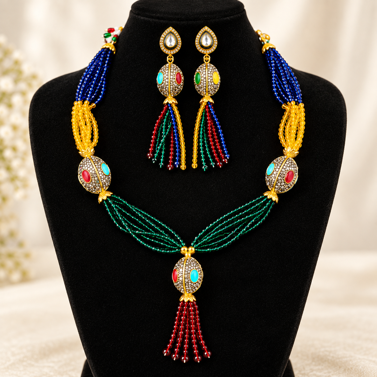 Premium Multicolor Turkish Crystal and Antique Ball Necklace Set