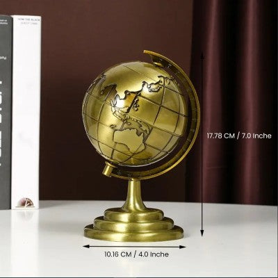 Golden 3D Rotating World Map Globe Decoration Showpiece – Modern Metal Gold Wash Finish Tabletop Ornament, Aesthetic Home & Office Decor, Luxury Travel Gift & Photography Prop