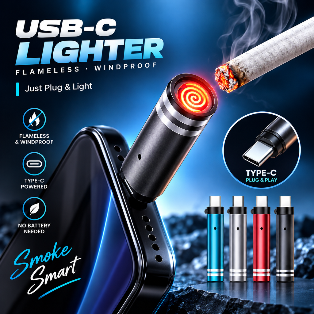 USB-C Mini Flameless Lighter (Tungsten Wire, Blow-to-Ignite) – Portable Windproof Electronic Lighter, Type-C Direct Plug-in & Auto Shut-Off Safety Design