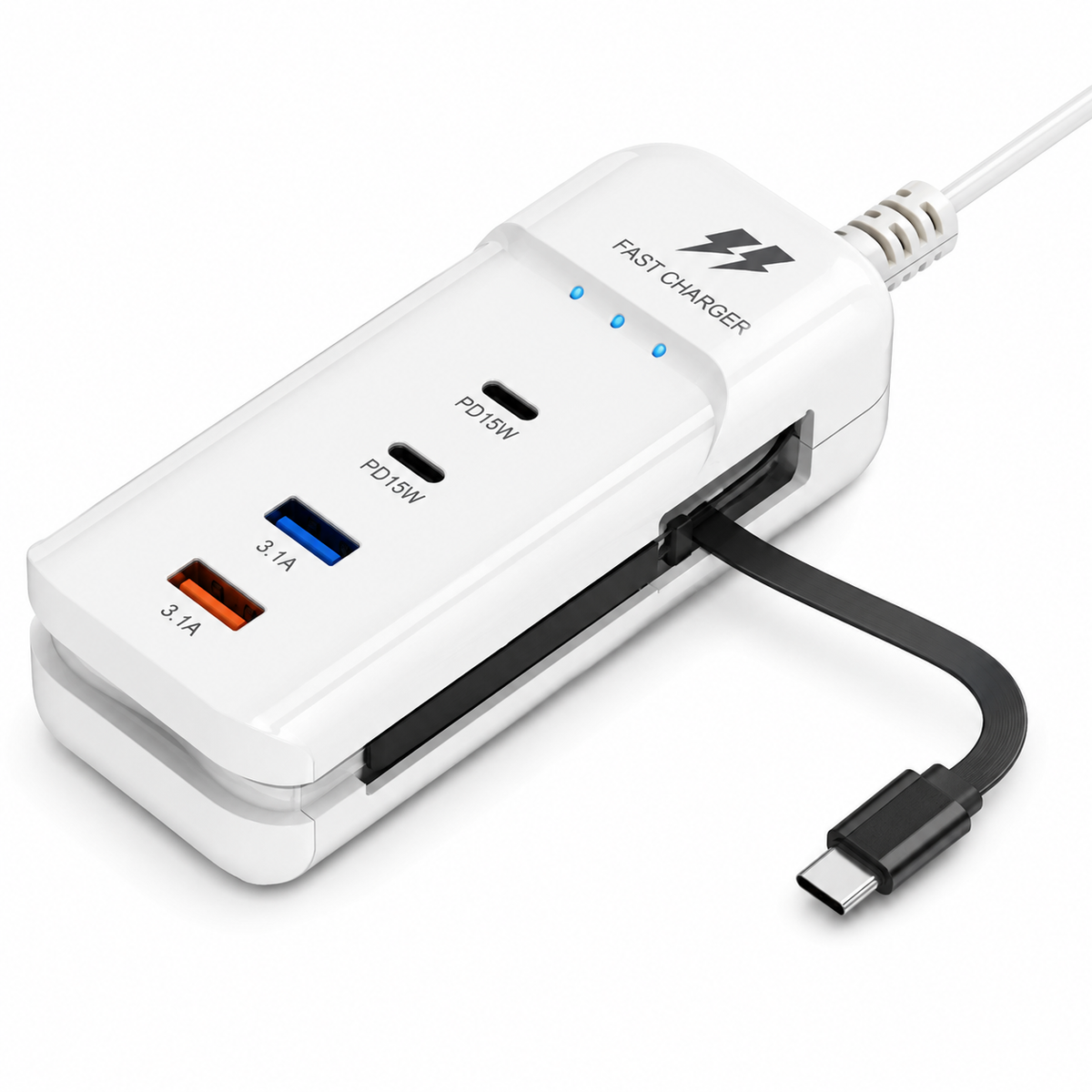 5-in-1 Multi-Functional Rack Charger 66W – Desktop Fast Charging Station with 2PD, 2USB Ports & Built-in Type-C Cable