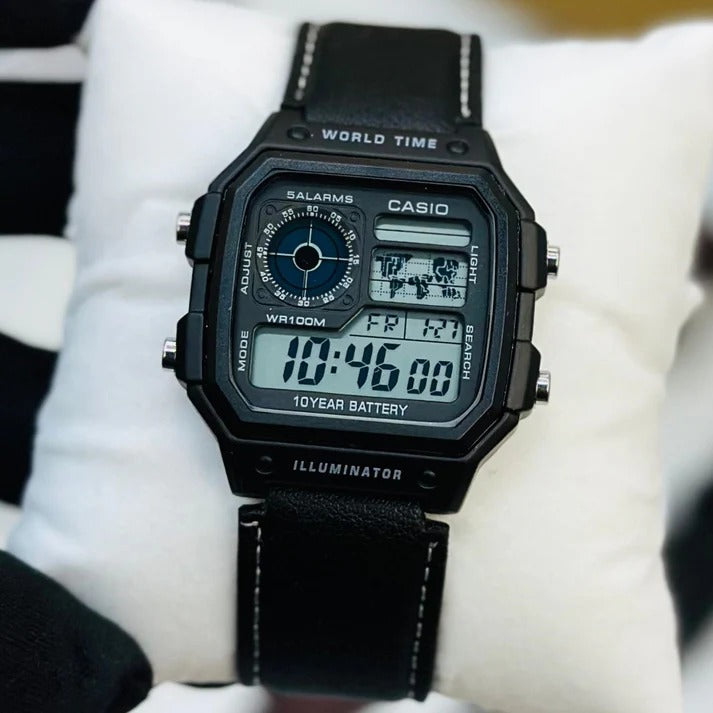 Casio Illuminator Vintage Digital Leather Strap Watch – World Map Display, Long Battery Life, Water Resistant, Formal & Casual Wristwatch with Premium Gift Box & Extra Batteries