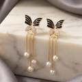 Cubic Zirconia Decor Butterfly & Faux Pearl Drop Earrings
