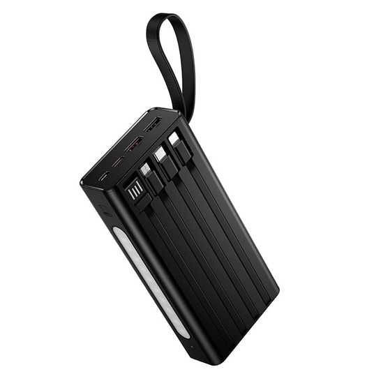 Hoco J155 Shine 20000mAh 22.5W & PD 20W Fast Charging Power Bank – 4 Built-in Cables (Type-C, Lightning, Micro, USB-A), 6 Outputs, Built-in LED Emergency Light & Digital Display