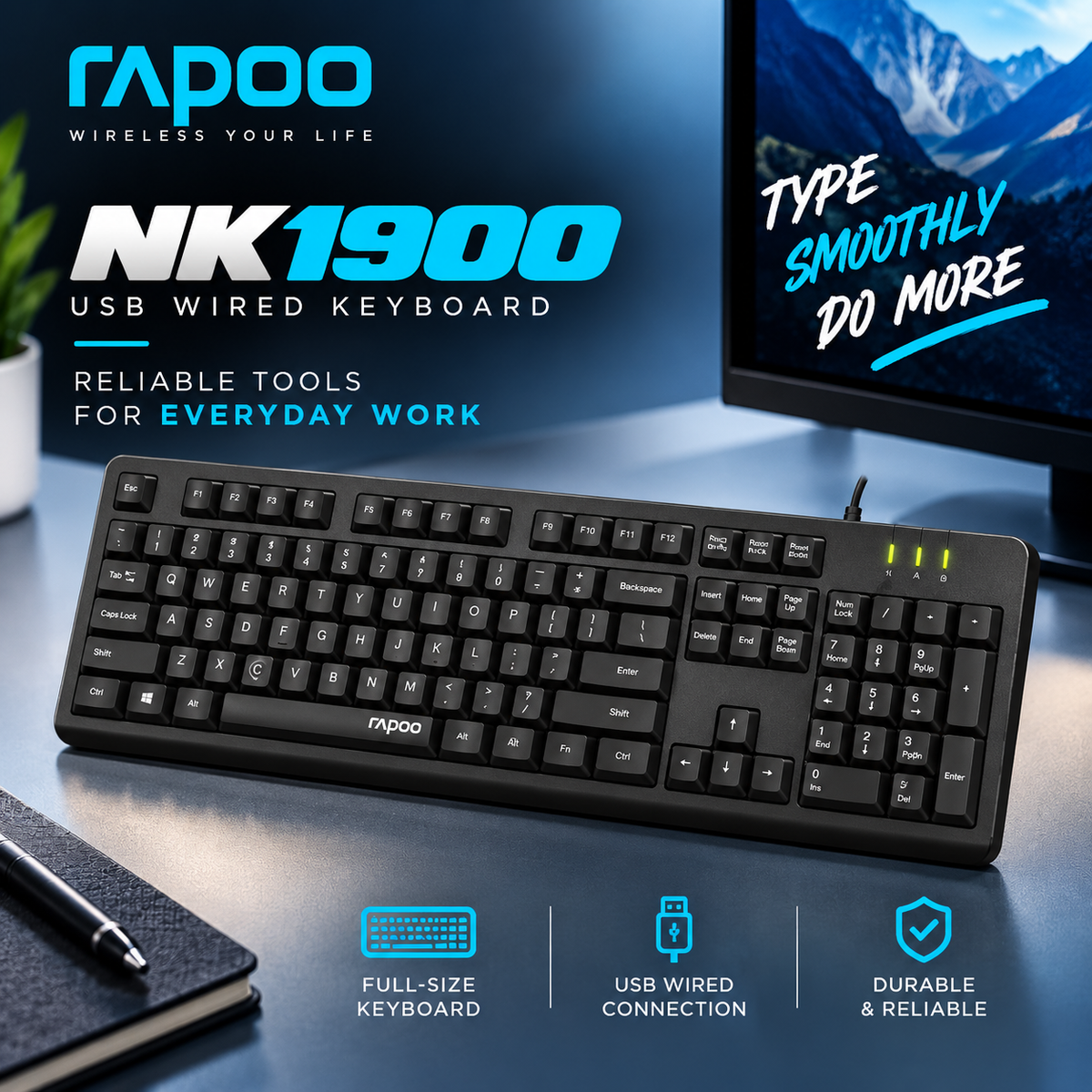Rapoo NK1900 USB Wired Keyboard (Black) – Full-Size Layout with Palm Rest, Spill-Resistant Design, Multimedia Hotkeys & 2-Year Warranty