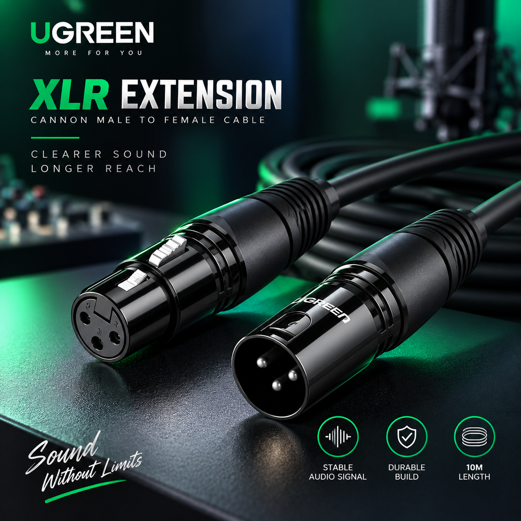 UGREEN AV130 (20714) XLR Male to Female Extension Cable (10M) – Oxygen-Free Copper, Gold-Plated Connectors, High Fidelity Balanced Audio Cord for Microphones & Studio Equipment