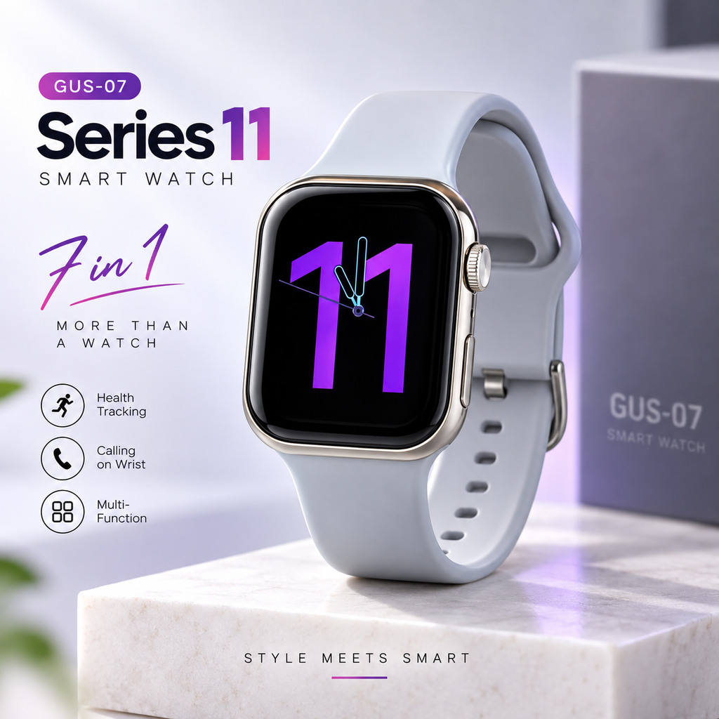 GUS-07 Series 11 AMOLED Smartwatch (7-in-1 Combo) – Vibrant Display, 7 Interchangeable Premium Straps (Silicon, Ocean, Fabric), Bluetooth Notifications & Comprehensive Health Trackers