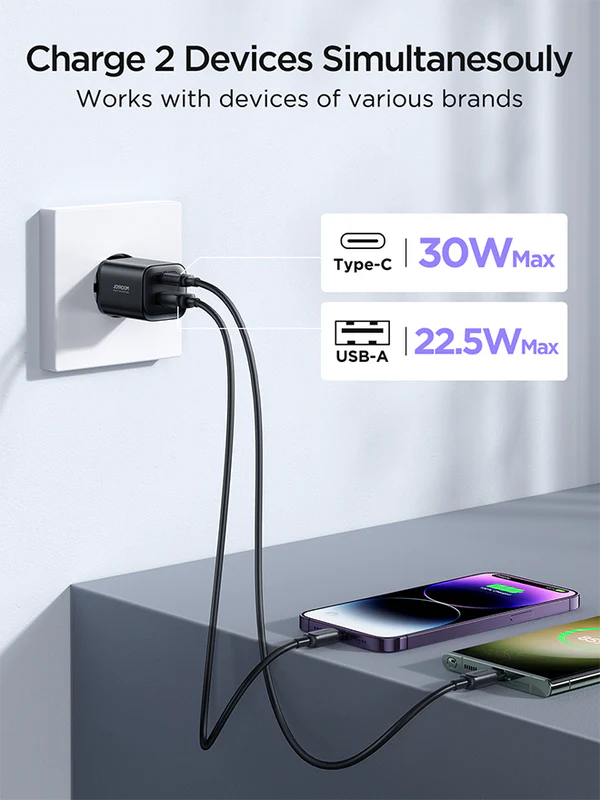 Joyroom JR-TCF08 Speed Series 30W Dual-Port Fast Charger – PD 30W & Samsung PPS 25W Wall Adapter with Multi-Protocol Support & Fireproof PC Shell