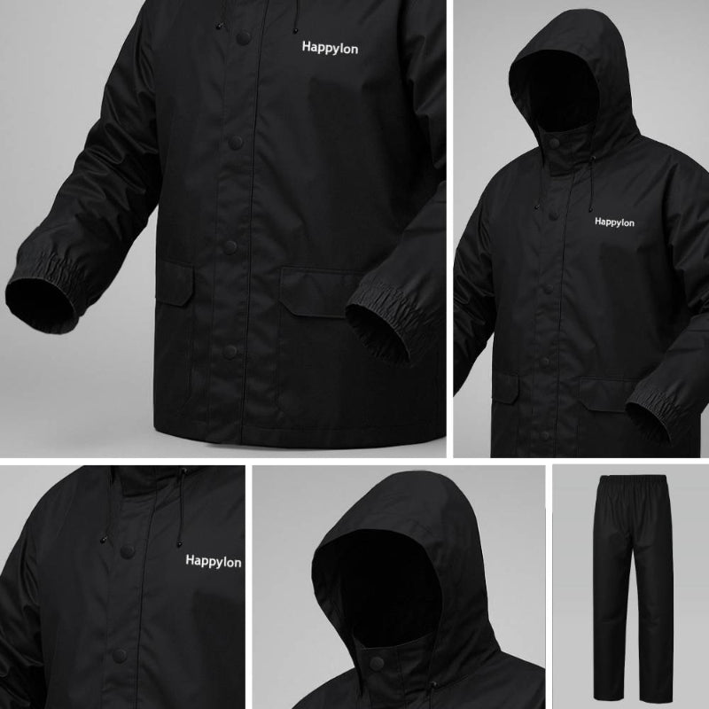 100% Water proof High quality Rain Coat With Pant. (Happylon) Black