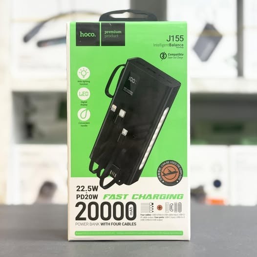 Hoco J155 Shine 20000mAh 22.5W & PD 20W Fast Charging Power Bank – 4 Built-in Cables (Type-C, Lightning, Micro, USB-A), 6 Outputs, Built-in LED Emergency Light & Digital Display